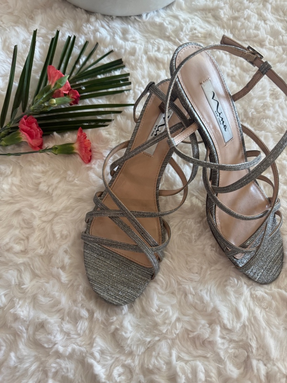 Nina Silver Metallic Strappy Heels size 9.5